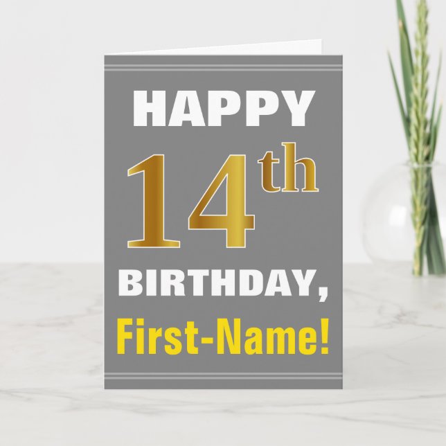 Bold, Grey, Faux Gold 14th Birthday w/ Name Card (Front)