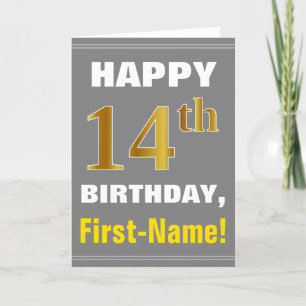 Bold, Grey, Faux Gold 14th Birthday w/ Name Card