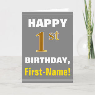 Bold, Grey, Faux Gold 1st Birthday w/ Name Card