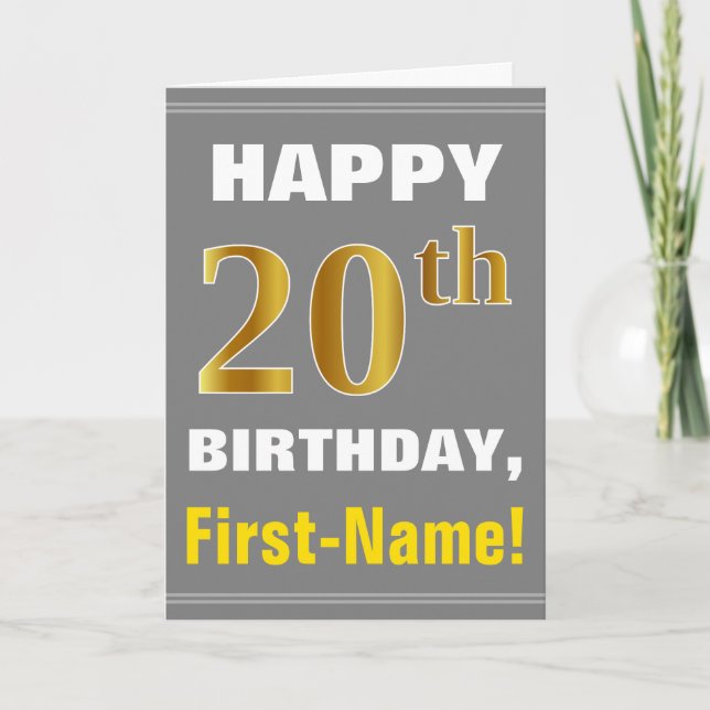 Bold, Grey, Faux Gold 20th Birthday w/ Name Card (Front)