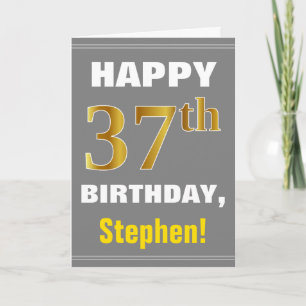 Bold, Grey, Faux Gold 37th Birthday w/ Name Card