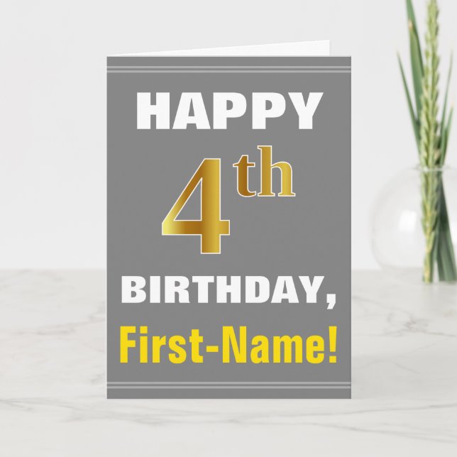 Bold, Grey, Faux Gold 4th Birthday w/ Name Card (Front)