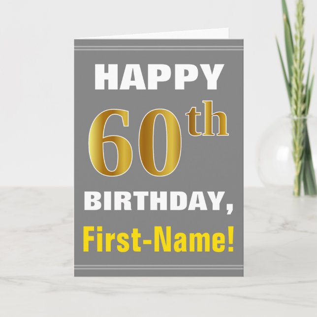 Bold, Grey, Faux Gold 60th Birthday w/ Name Card (Front)