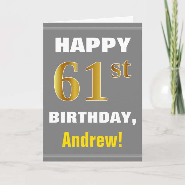 Bold, Grey, Faux Gold 61st Birthday w/ Name Card (Front)