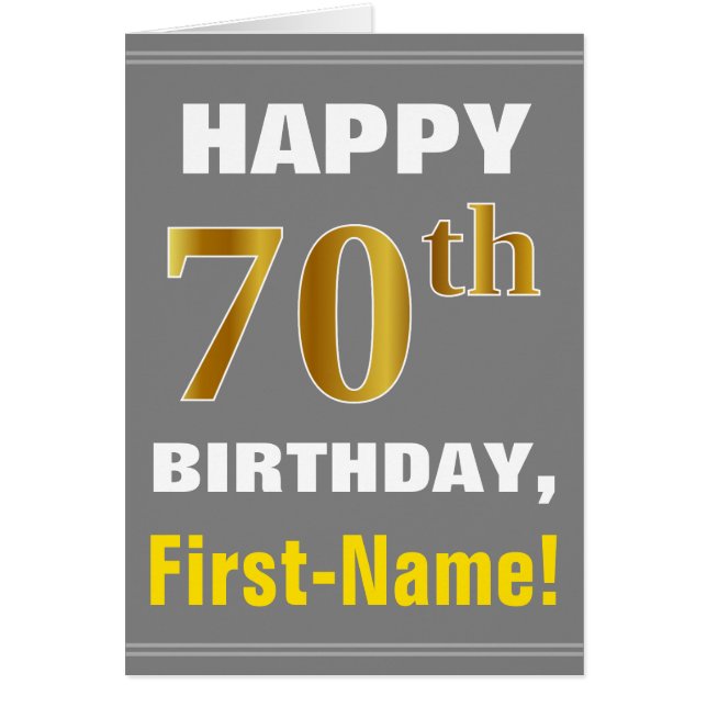 Bold, Grey, Faux Gold 70th Birthday w/ Name Card (Front)