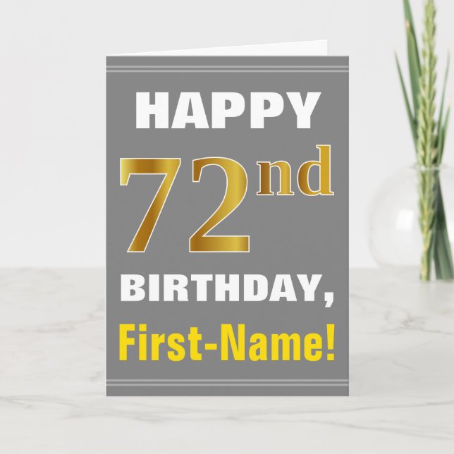 Bold, Grey, Faux Gold 72nd Birthday w/ Name Card (Front)