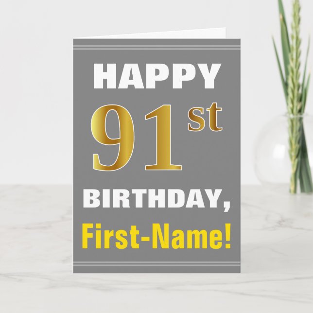 Bold, Grey, Faux Gold 91st Birthday w/ Name Card (Front)