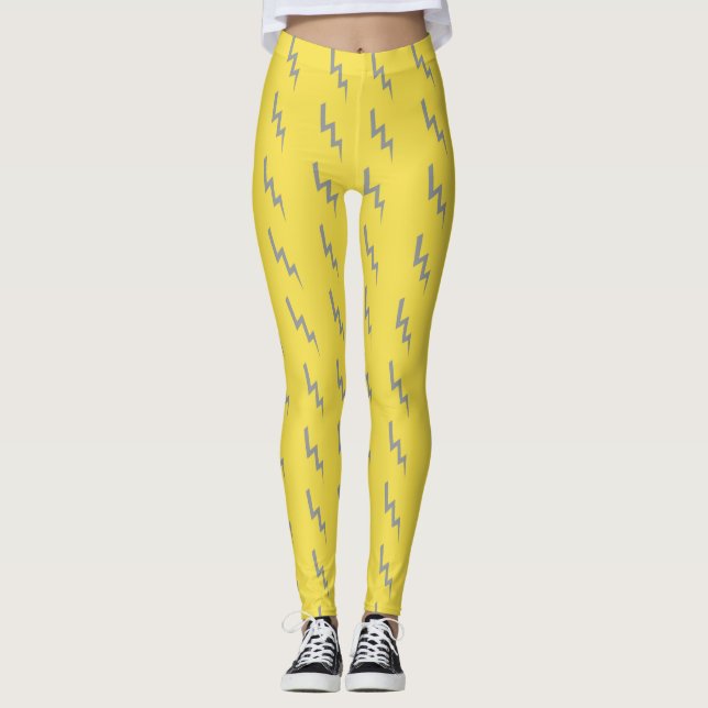 Bold Grey Lightning on Yellow Leggings (Front)