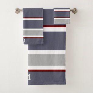 Bold Grey Red Stripe Monogram Bath Towel Set