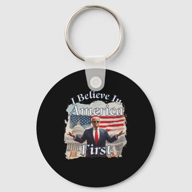 Bold Gritty Retro Political Slogan America First D Key Ring (Front)