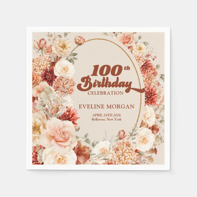 Bold groovy copper blush burgundy 100th birthday napkin (Front)