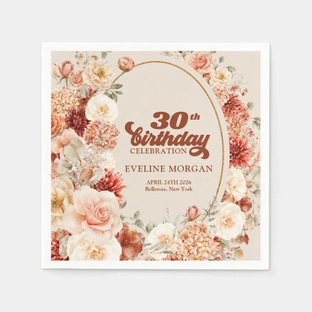 Bold groovy copper blush burgundy 30th birthday napkin (Front)