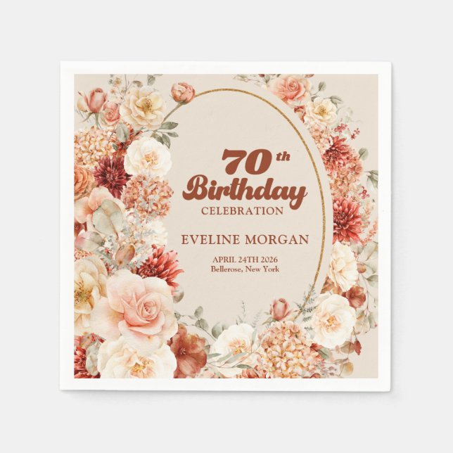 Bold groovy copper blush burgundy 70th birthday napkin (Front)
