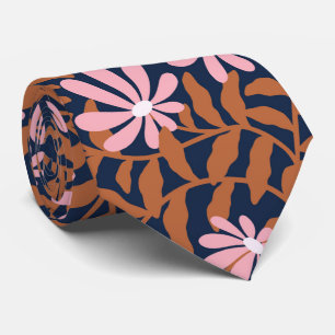 Bold groovy trailing flowers – brown navy blue tie