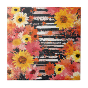 Bold Grunge Floral Black Orange Pink Pattern Tile