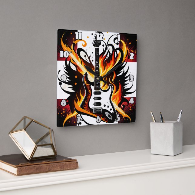Bold guitar design with vivid colours square wall clock (Office)