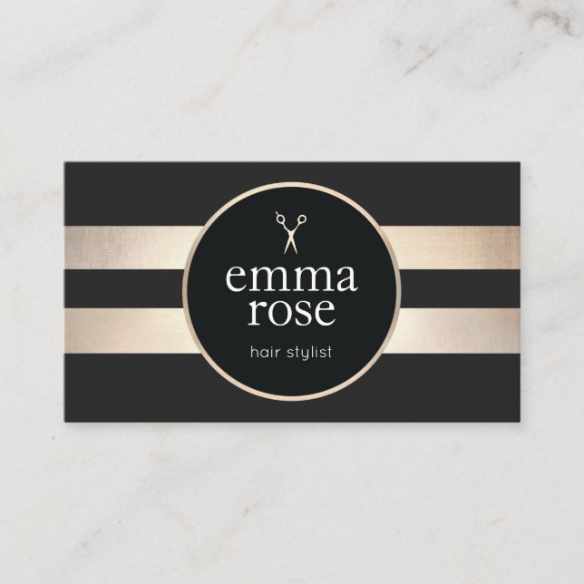 Bold Hair Stylist Gold Black Stripes Scissors Business Card (Front)