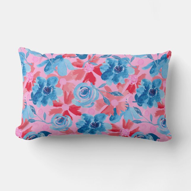 Bold Hand Painted Floral in Red Blue Pink Lumbar Cushion (Front)
