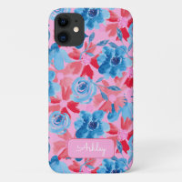 Bold Hand Painted Floral Red Blue Pink Monogram