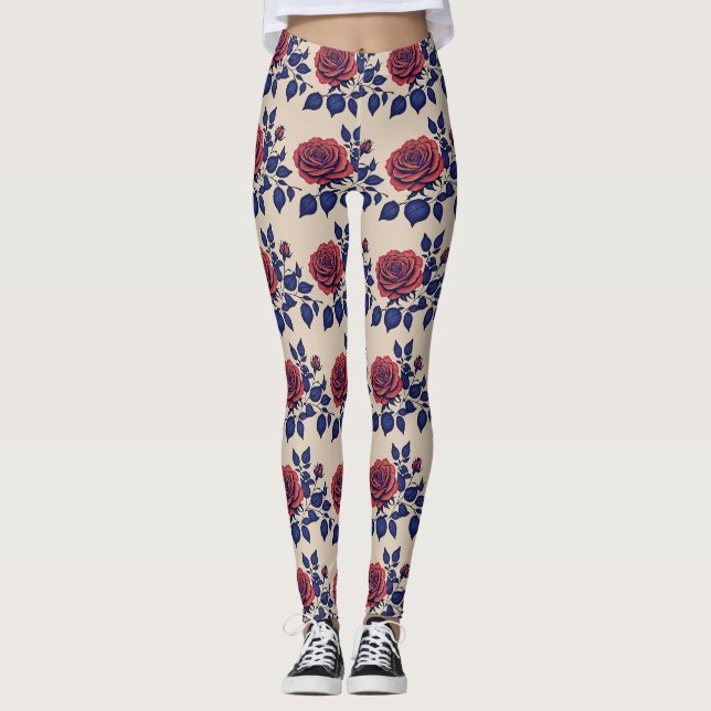 Bold Hand Painted Red Roses  Leggings (Front)