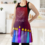 Bold Hanukkah Menorah Candles Red Peace Love Light Apron<br><div class="desc">“Peace, love & light.” Here’s a wonderful way add to the fun of your holiday baking. Add extra sparkle to your holiday culinary adventures whenever you wear this stunning, colourful, custom name Hanukkah apron. A playful, artsy illustration of blue menorah candles with colourful faux foil patterns and modern typography overlay...</div>
