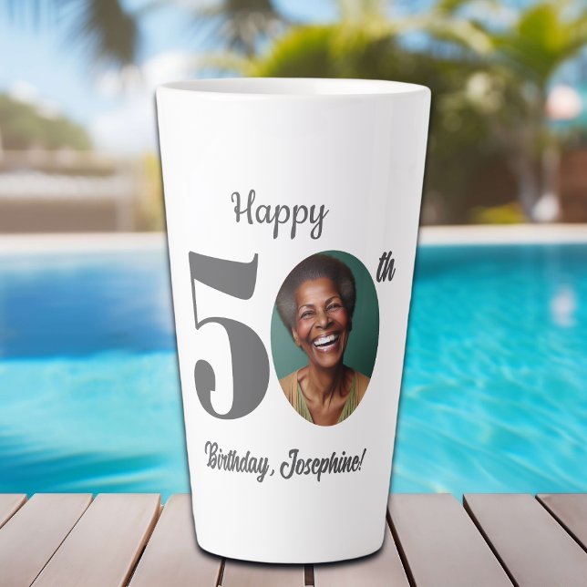 Bold Happy 50th Birthday Photo Latte Mug (Creator Uploaded)