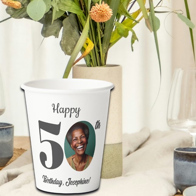 Bold Happy 50th Birthday Photo Paper Cups (Creator Uploaded)