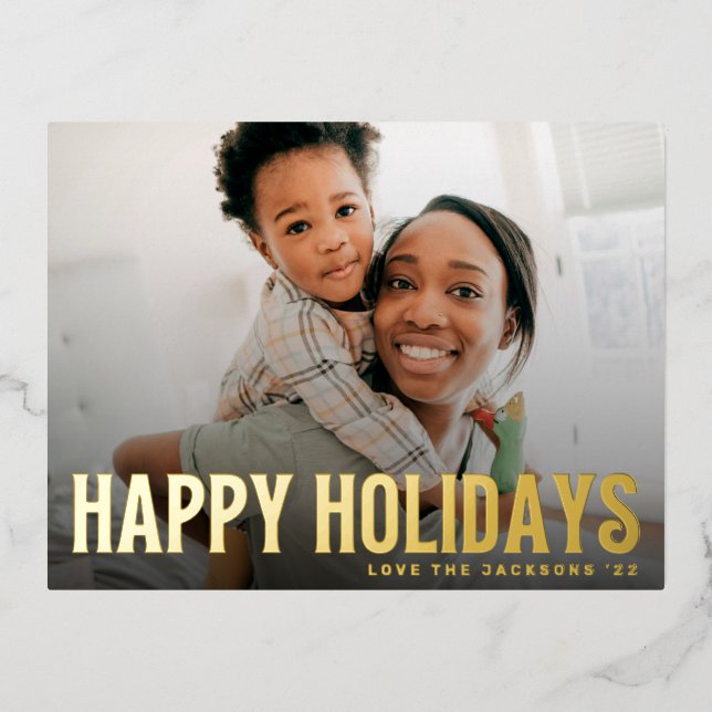 BOLD happy holidays text photo merry christmas Foil Holiday Postcard (Front)