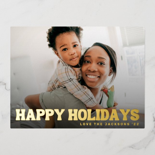 BOLD happy holidays text photo merry christmas Foil Holiday Postcard (Front)