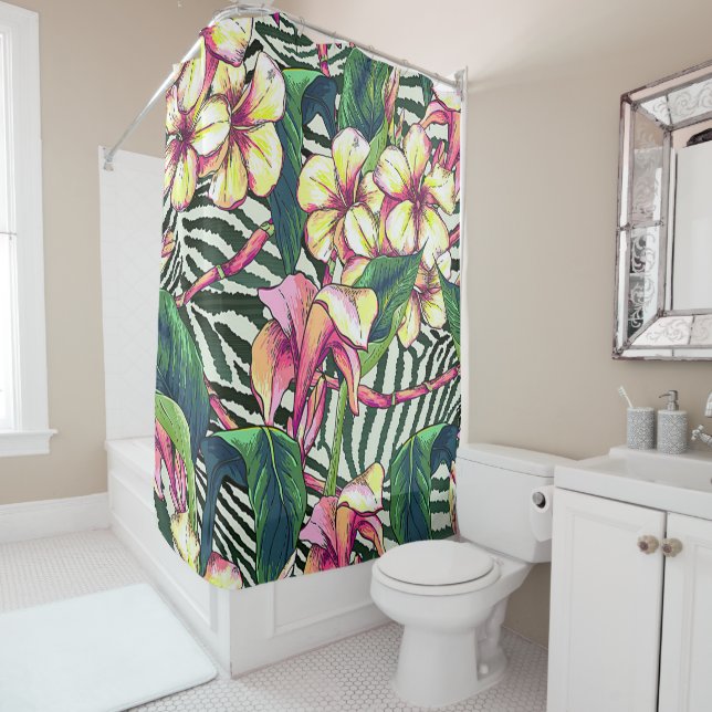 Bold HAWAIIAN Floral Monstera Leaves & Plumeria Shower Curtain (In Situ)