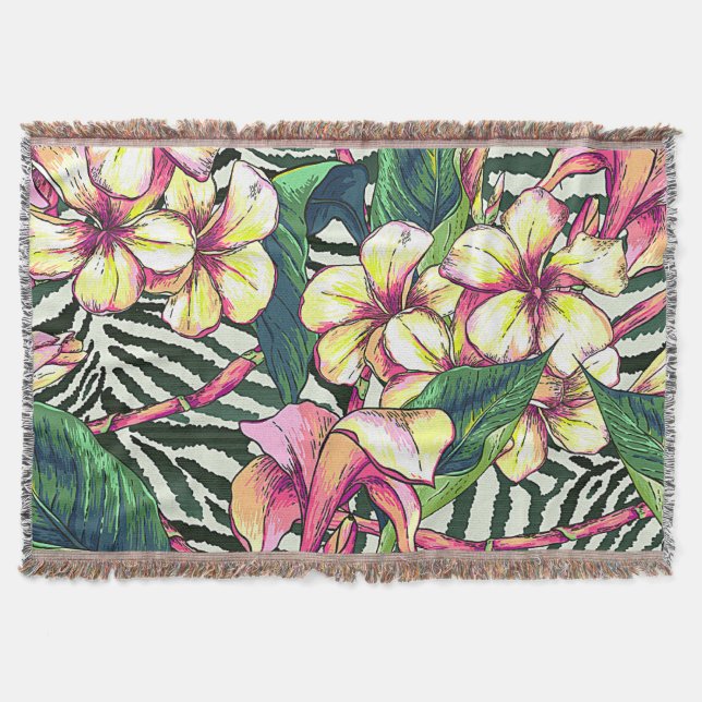 Bold HAWAIIAN Floral Monstera Leaves & Plumeria Throw Blanket (Front)