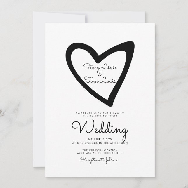Bold Heart Slanted Drawn Black Wedding Invitation (Front)