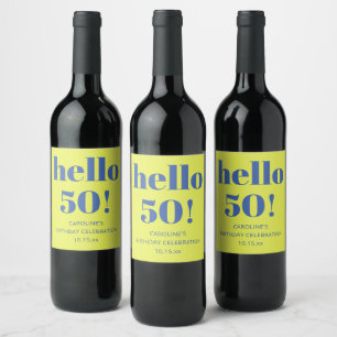 Bold Hello 50 Chartreuse and Blue 50th Birthday Wine Label