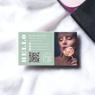 Bold hello green Qr photo logo social media Business Card