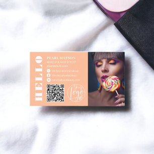 Bold hello peach Qr photo logo social media  Business Card
