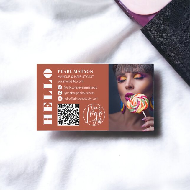Bold hello terracotta Qr photo logo social media  Business Card (Bold hello terracotta Qr photo logo social media Business Card)