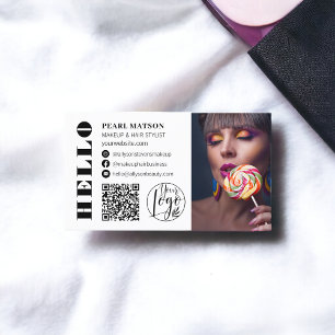 Bold hello white chic Qr photo logo social media  Business Card