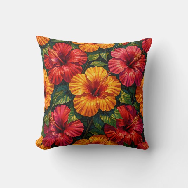 Bold Hibiscus Flowers Tropical Sunset Pattern Cushion (Front)