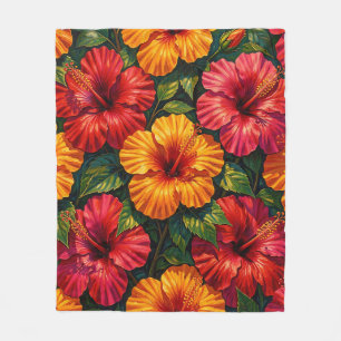 Bold Hibiscus Flowers Tropical Sunset Pattern Fleece Blanket