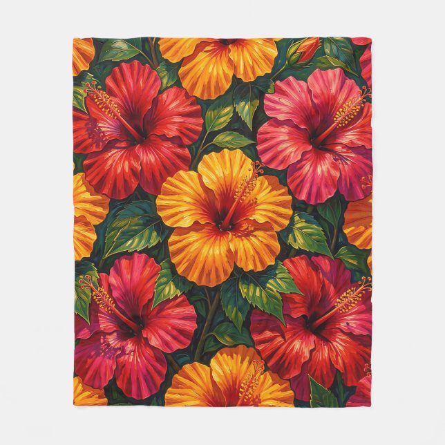 Bold Hibiscus Flowers Tropical Sunset Pattern Fleece Blanket (Front)