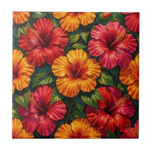 Bold Hibiscus Flowers Tropical Sunset Pattern Tile