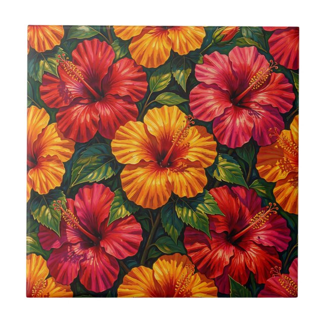 Bold Hibiscus Flowers Tropical Sunset Pattern Tile (Front)