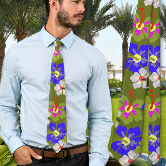 Bold Hibiscus Pattern Army Green Wedding Tie