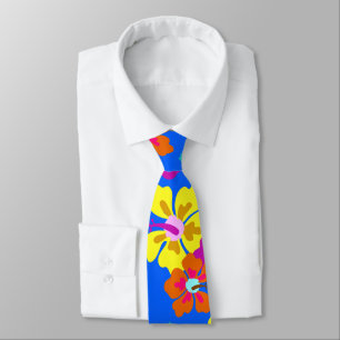 Bold Hibiscus Pattern Blue Wedding Tie