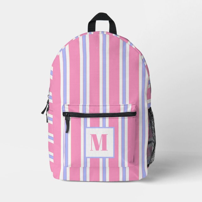 Bold Hot Pink and Purple Stripes - Monogrammed  Printed Backpack (Front)