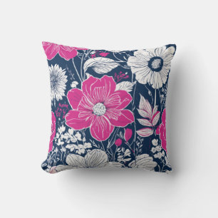 Bold Hot Pink and White Floral Design Cushion