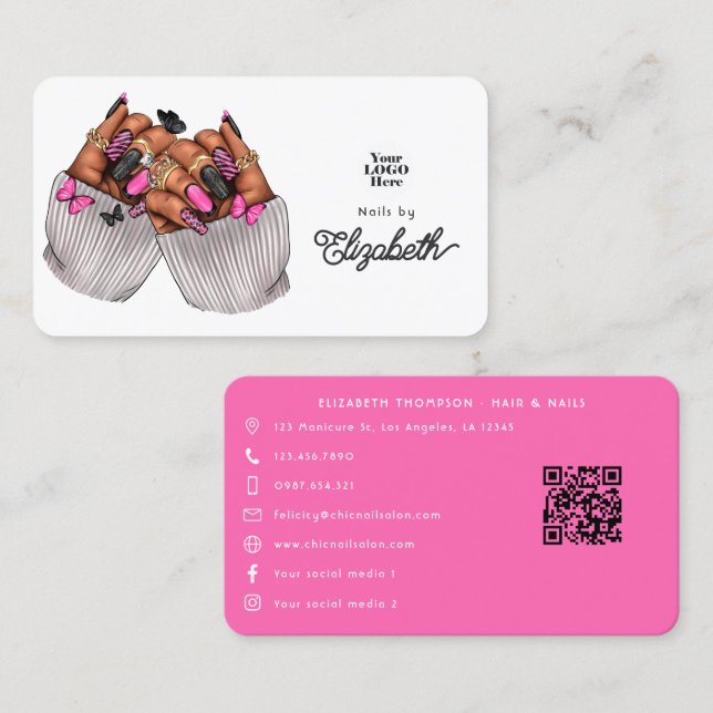 Bold Hot-Pink & Black African American Nail Salon Business Card (Front/Back)
