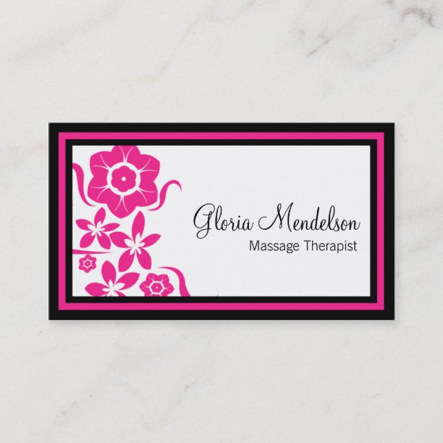 Bold Hot Pink Floral Massage Therapy Business Card (Front)