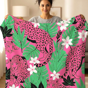 Bold Hot Pink Leopard Tropical Jungle Seamless Pat Fleece Blanket