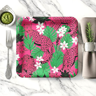 Bold Hot Pink Leopard Tropical Jungle Seamless Pat Paper Plate